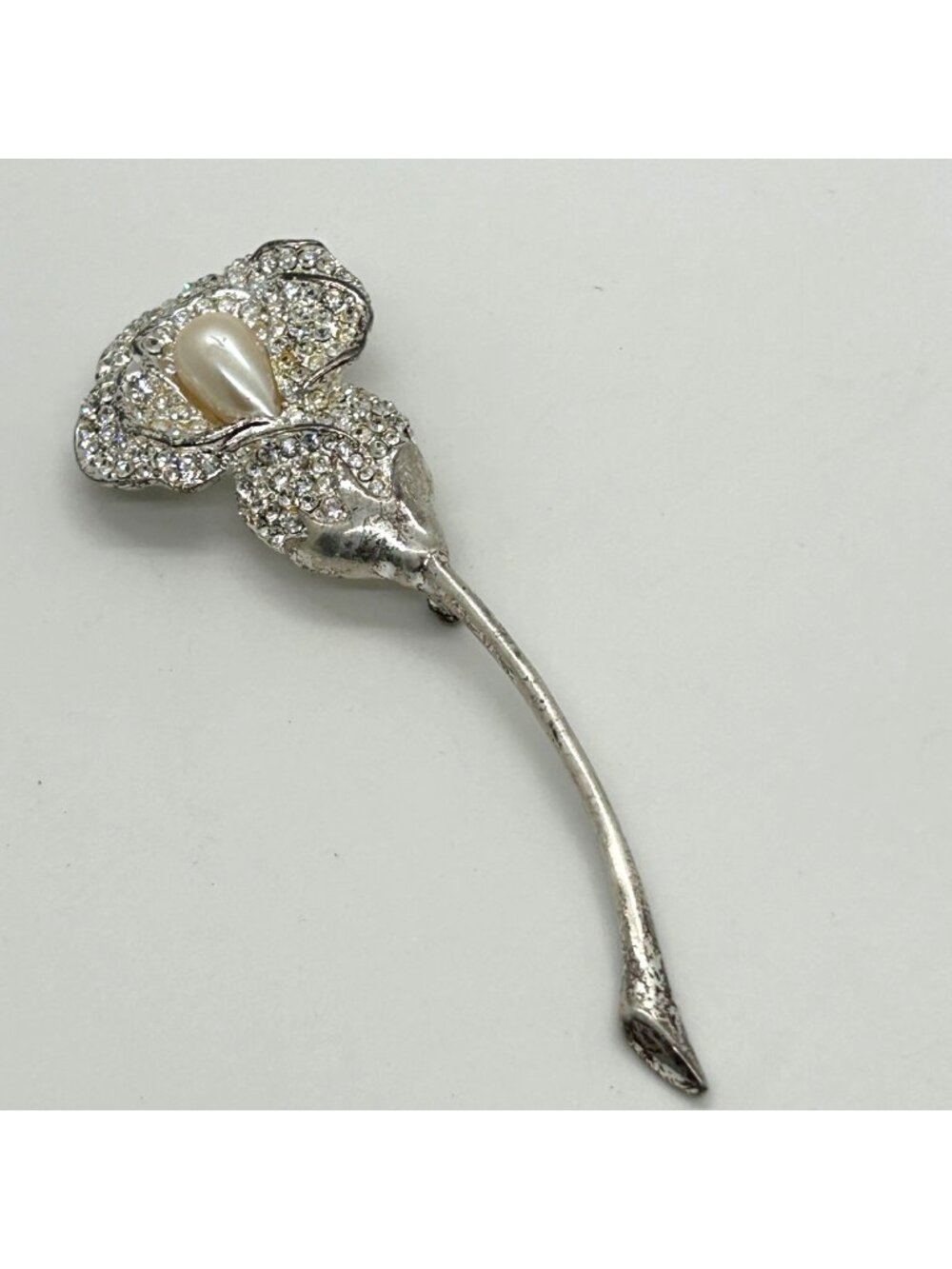 Vintage Napier Calla Lily Brooch Faux Pearl Rhinestones Pave' Silvertone 4" - Picture 1 of 10